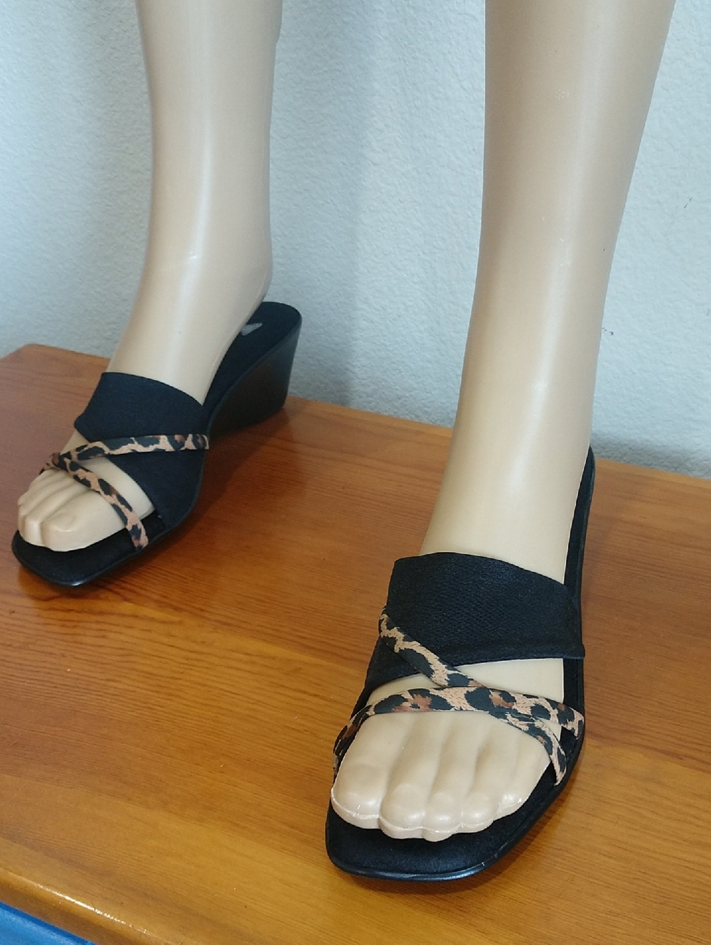 Italian Shoemakers Black Wedge Sandals with Leopard Straps